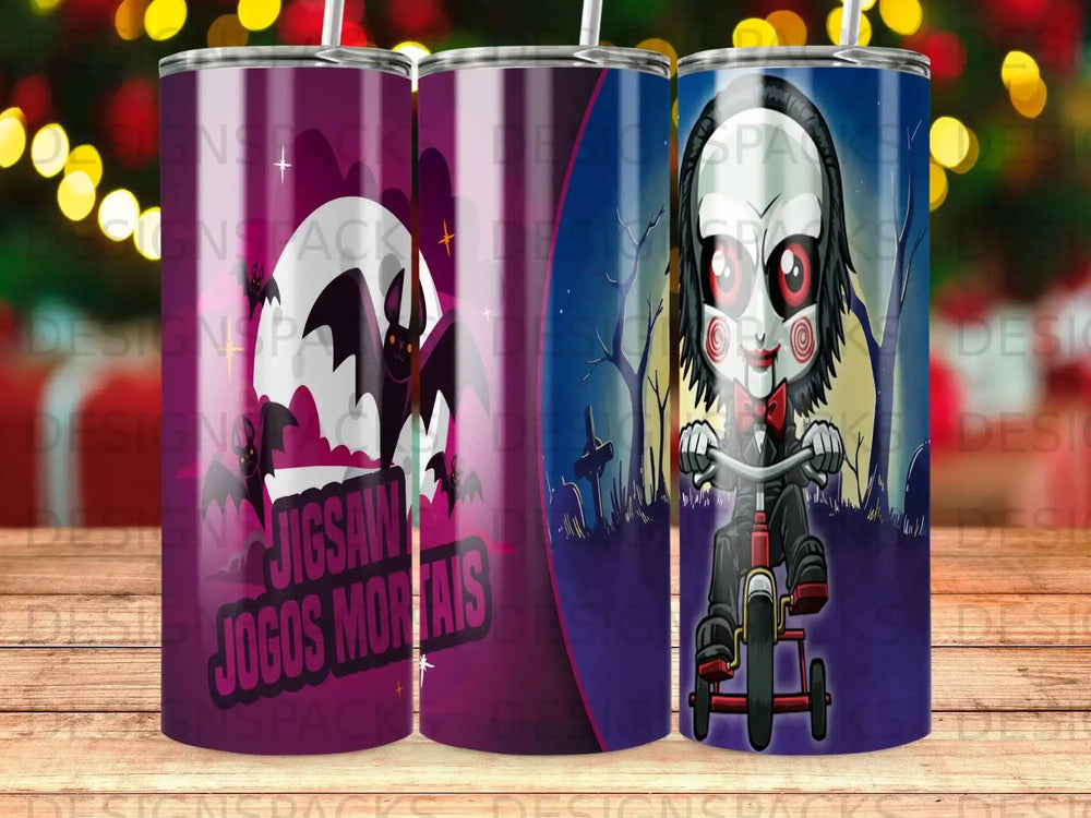 Jigsaw doll on a tricycle with "JOGOS MORAIS" text.