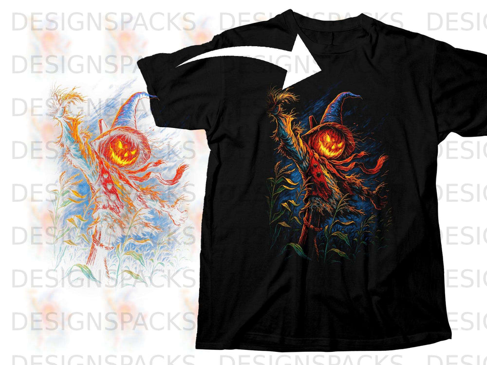 Black t-shirt with a vibrant pumpkin scarecrow graphic on the front.