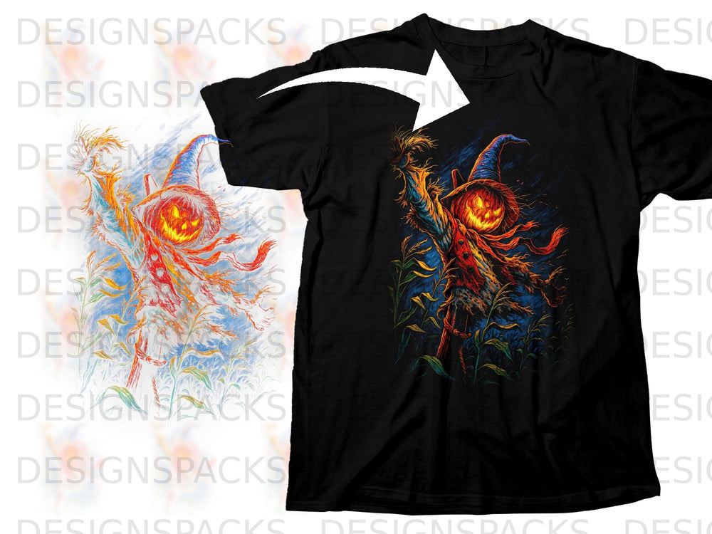 Black t-shirt with a vibrant pumpkin scarecrow graphic on the front.