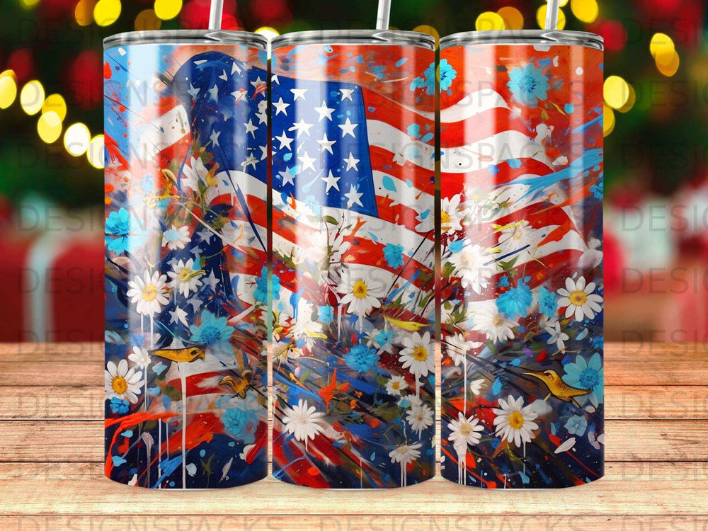 Tumbler with American flag, flowers, and birds design.