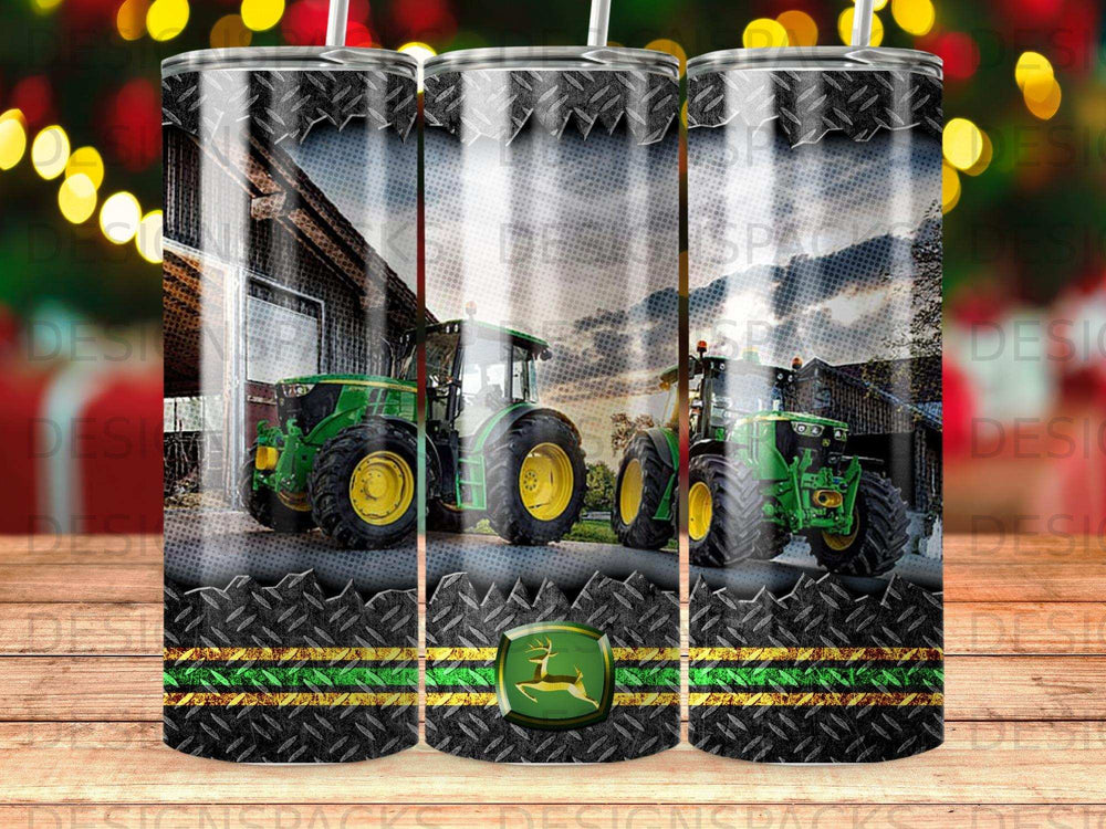 Green John Deere tractors on a farm with textured borders.