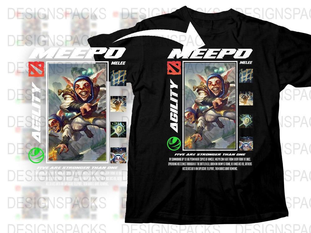 Meepo Agility Melee Dota Inspired Graphic T-Shirt, Video Game Fan Apparel, Black Cotton Tee, Gaming Merchandise