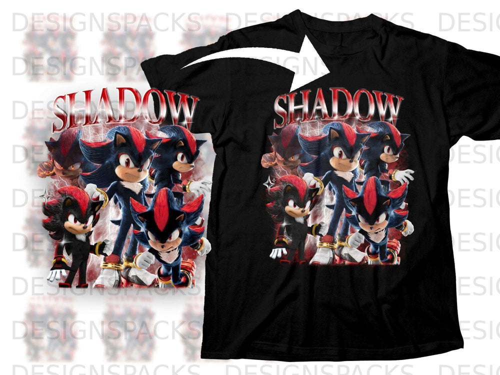 Black t-shirt with Sonic's Shadow character and the word "Shadow" in bold red text.