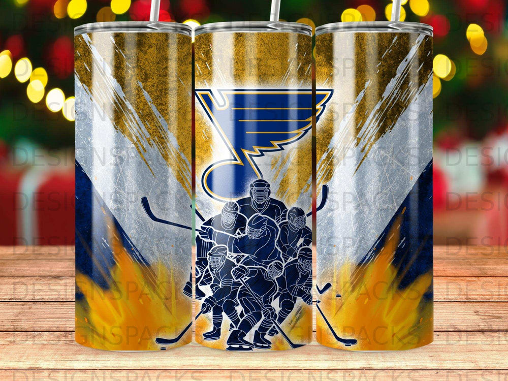 St. Louis Blues hockey team logo with hockey players on a distressed blue and gold background.