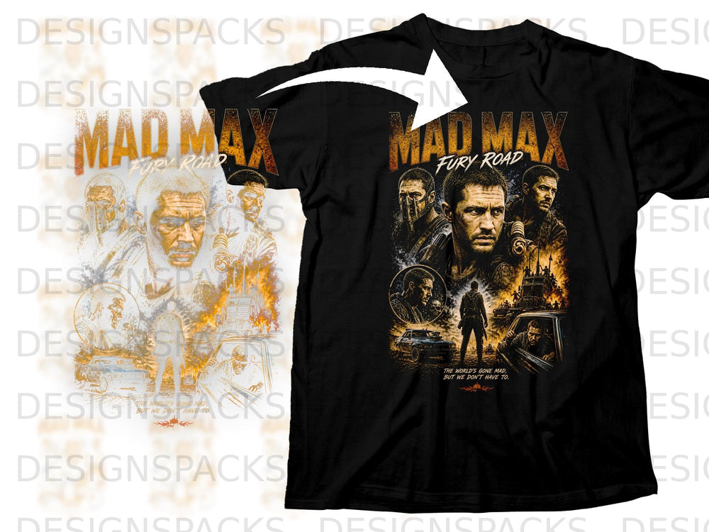 Black t-shirt featuring Mad Max: Fury Road artwork with main characters and vehicles.