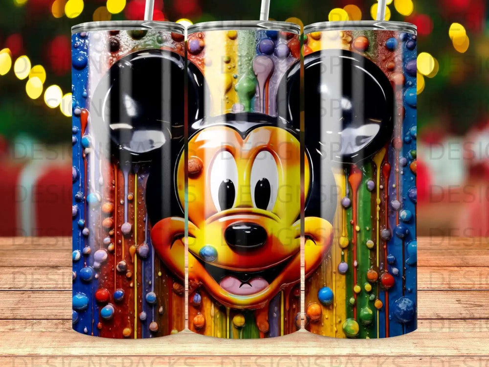 Mickey Mouse face with colorful dripping paint overlaying a festive background.