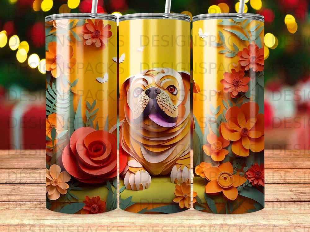 Yellow tumbler with bulldog and floral pattern.