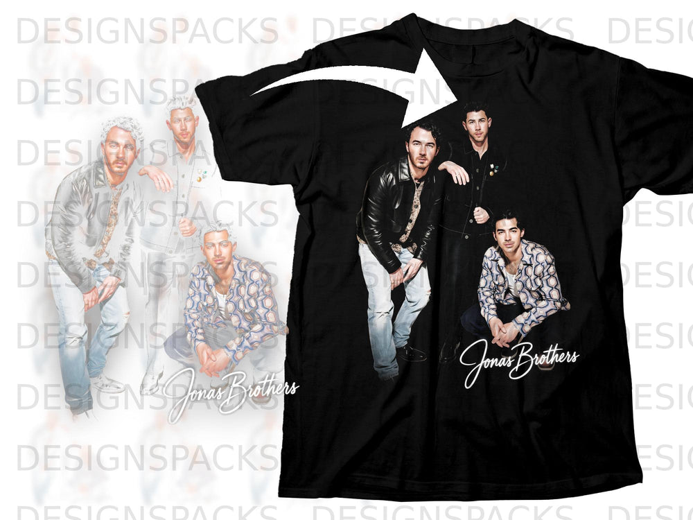Black t-shirt with three Jonas Brothers members and "Jonas Brothers" text.