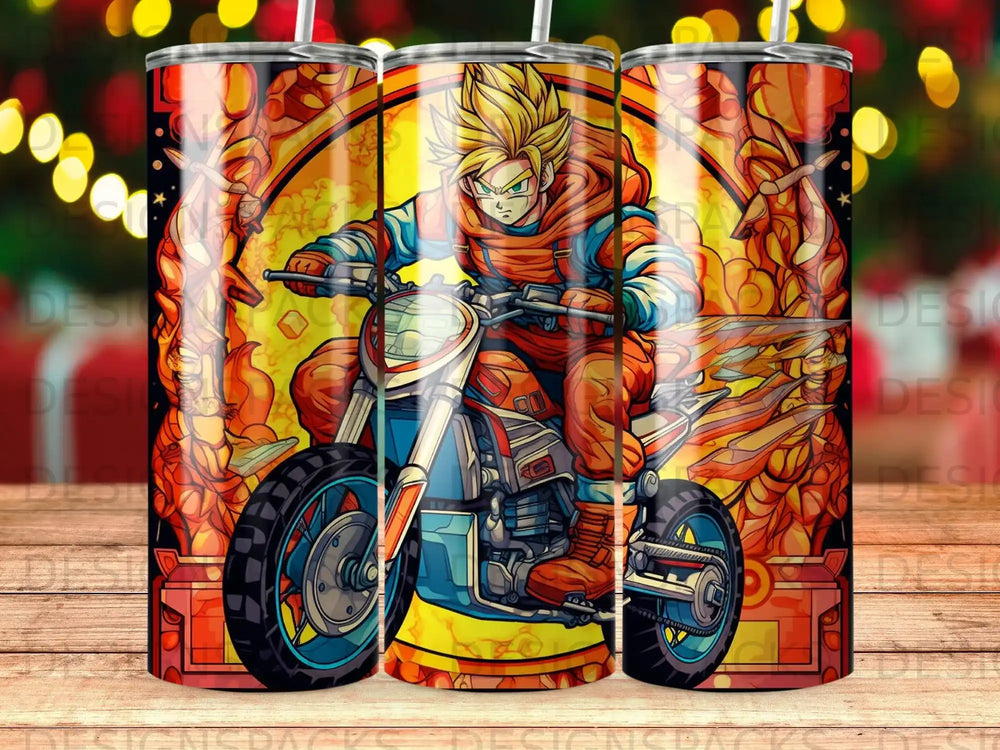 Goku riding a motorcycle, depicted in an anime style with flames.