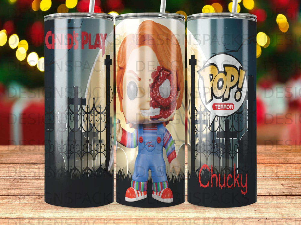 Chucky Pop! Vinyl figure and movie poster graphics on a tumbler.