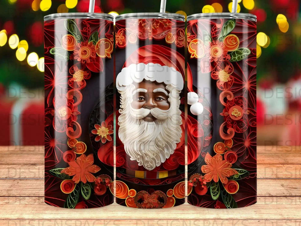Santa Claus portrait with floral pattern on tumbler.
