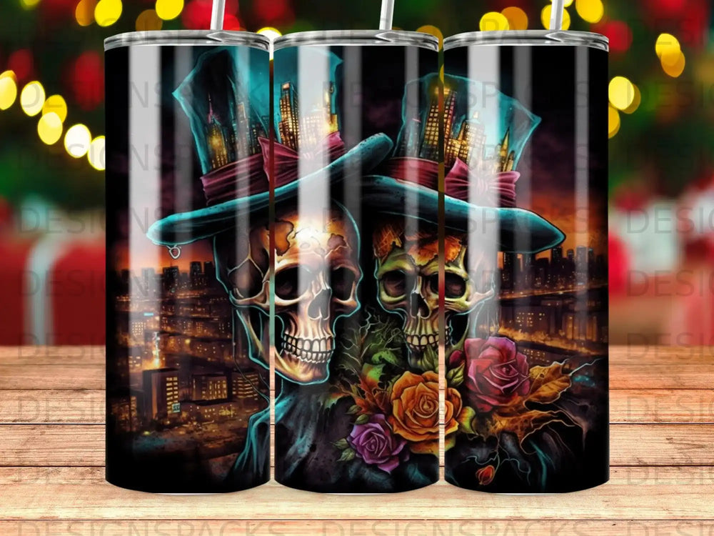 Two skulls wearing top hats, facing forward, with roses and city lights in background.