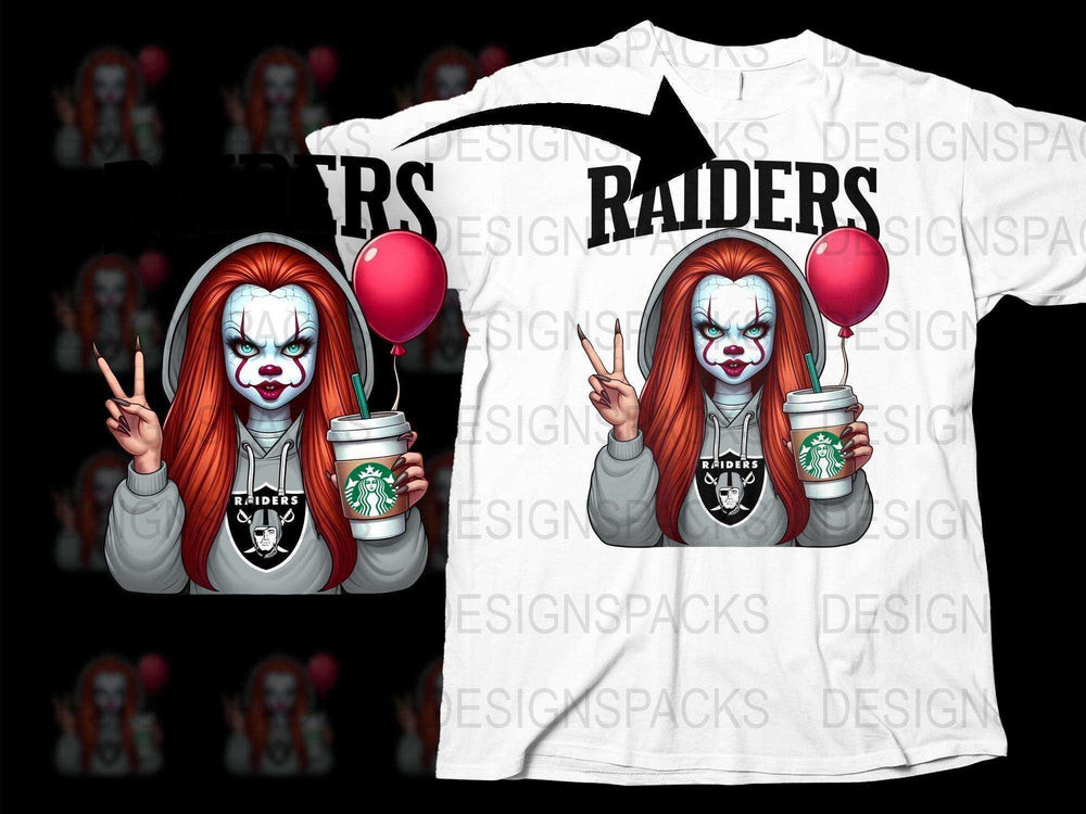 Raiders Clown Graphic T-Shirt, Horror Movie Inspired, Scary Clown Balloon and Coffee Design, Unisex White Tee