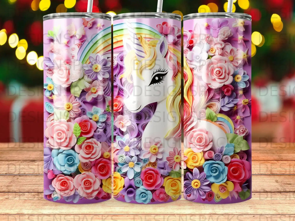 Unicorn surrounded by colorful flowers and rainbow.