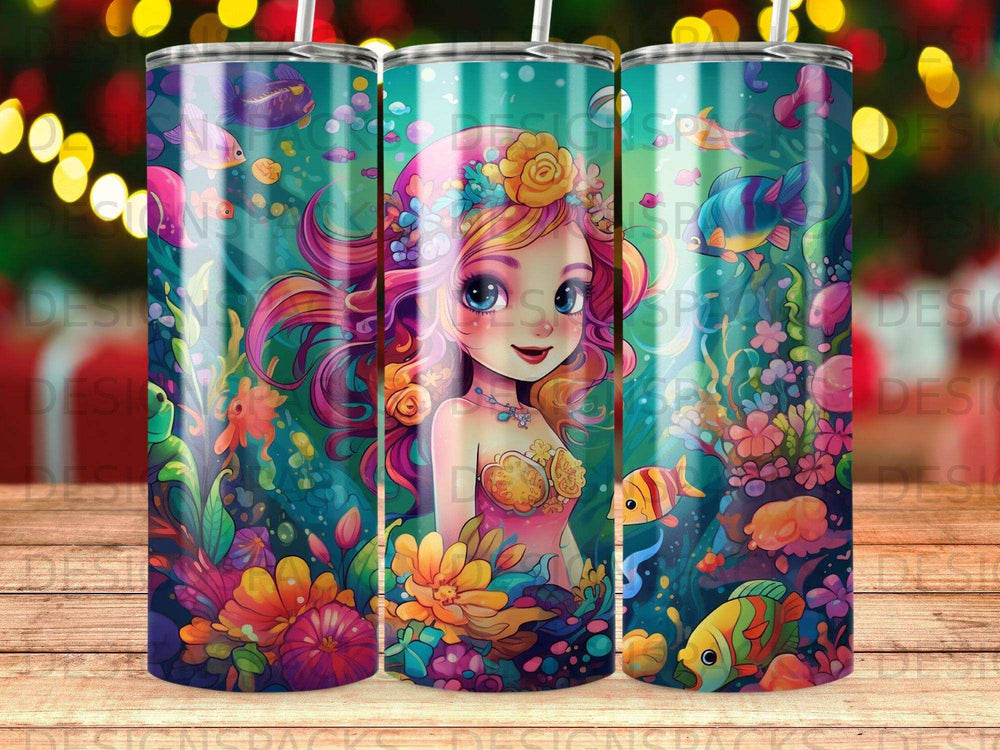 Colorful mermaid with fish and coral on a teal tumbler.