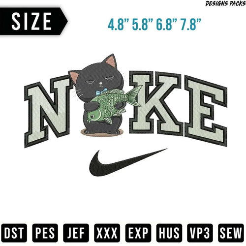 Black cat with fish embroidered on Nike logo.