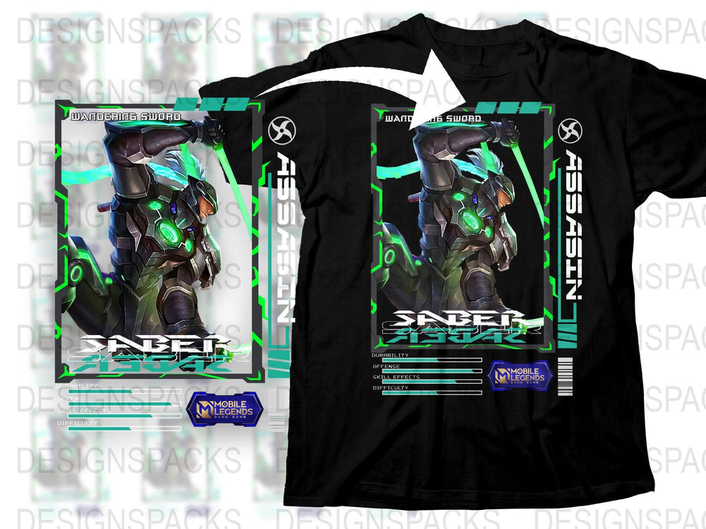 Saber Squad Mobile Legends Graphic T-Shirt, Gamer Apparel, Cool Hero Design, Black Tee