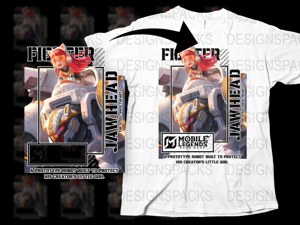Mobile Legends Graphic T-Shirt, Anime-Inspired Robot Design, Gaming Tee, Unisex White Shirt with Colorful Print