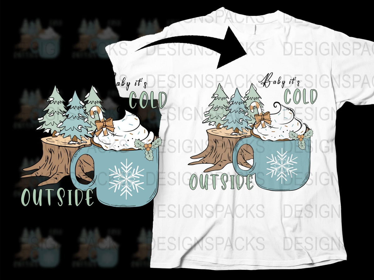 Baby It's Cold Outside Winter T-Shirt, Cute Fox and Trees Graphic Tee, Unisex Holiday Shirt Design