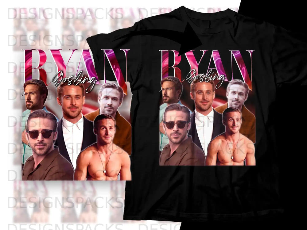 Collage of Ryan Gosling portraits on a black t-shirt.