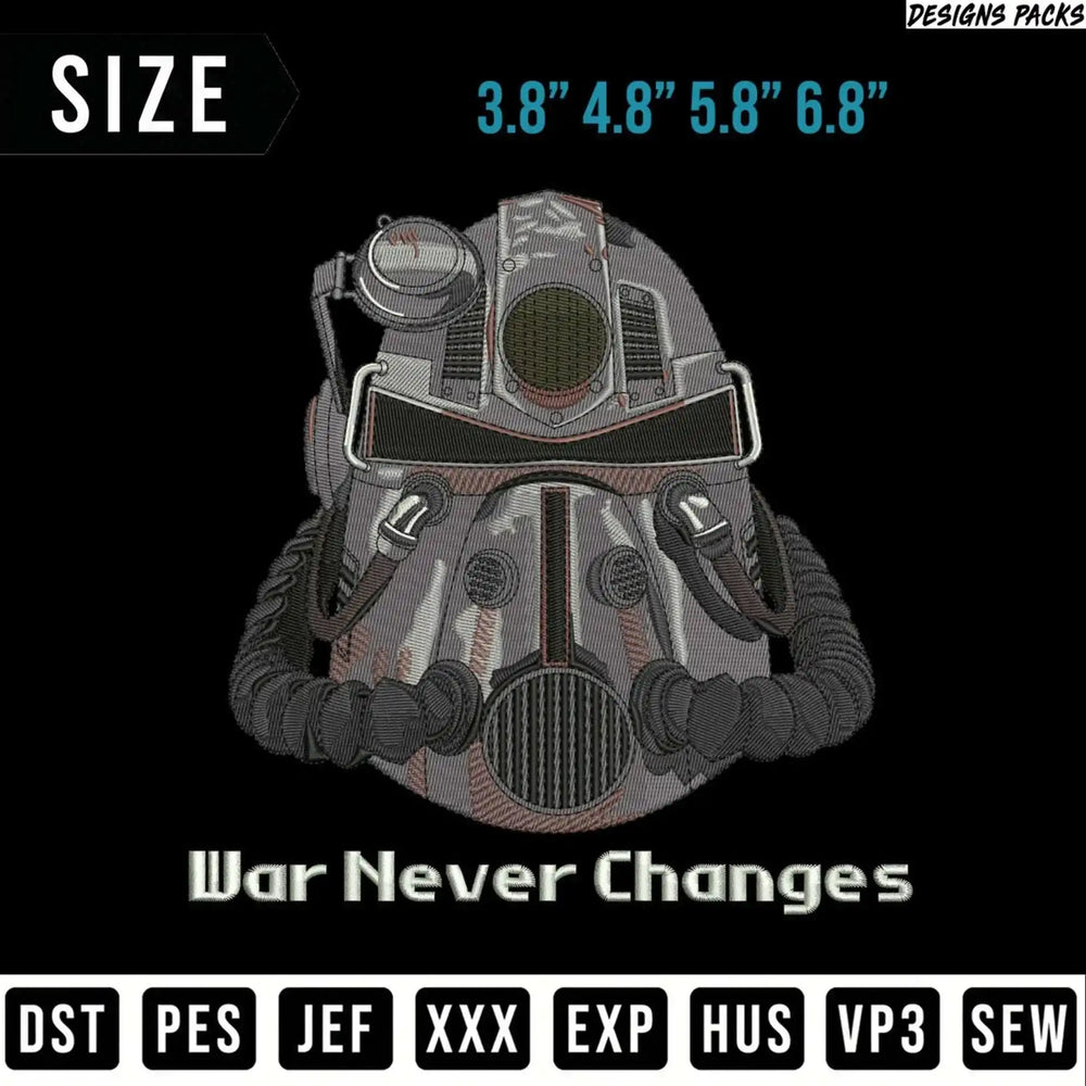 T-60 Power Armor helmet, "War Never Changes" text, and embroidery file formats.