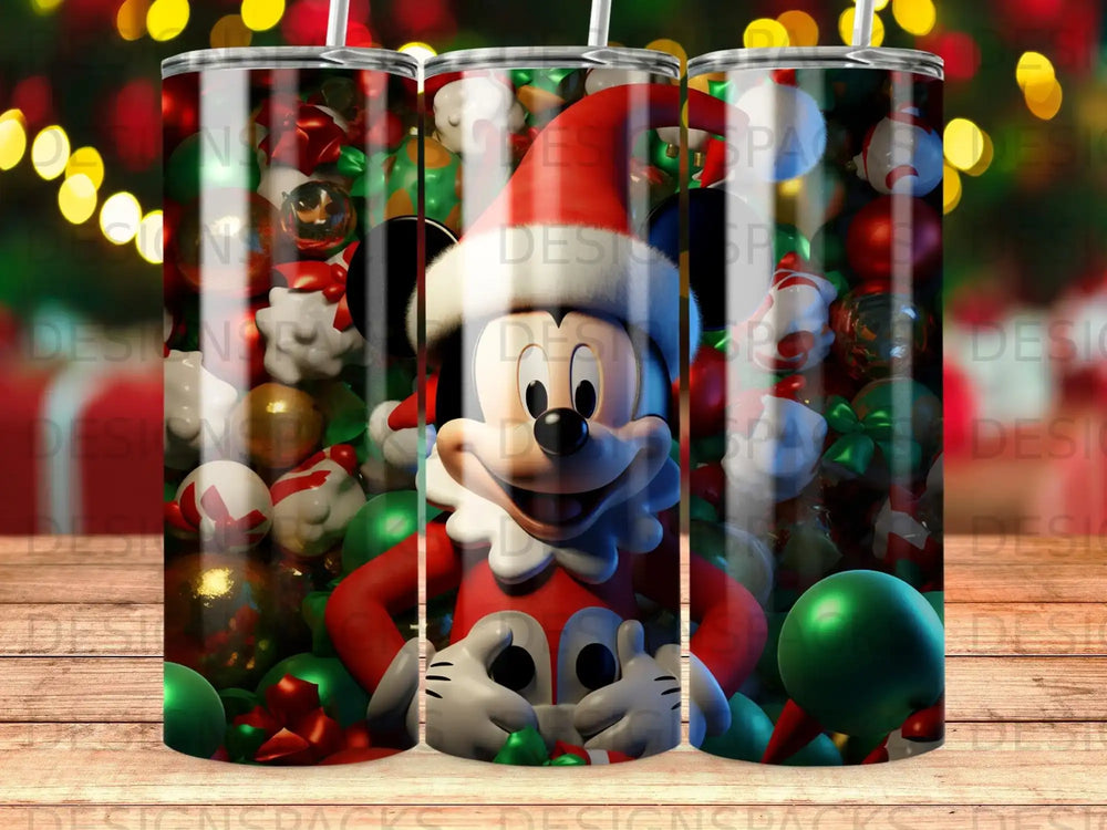Mickey Mouse in Santa hat surrounded by Christmas ornaments and lights.