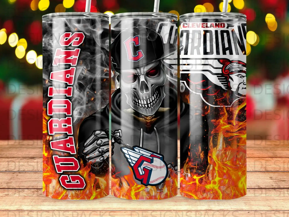 Cleveland Guardians tumbler with skull mascot, baseball, and flames.