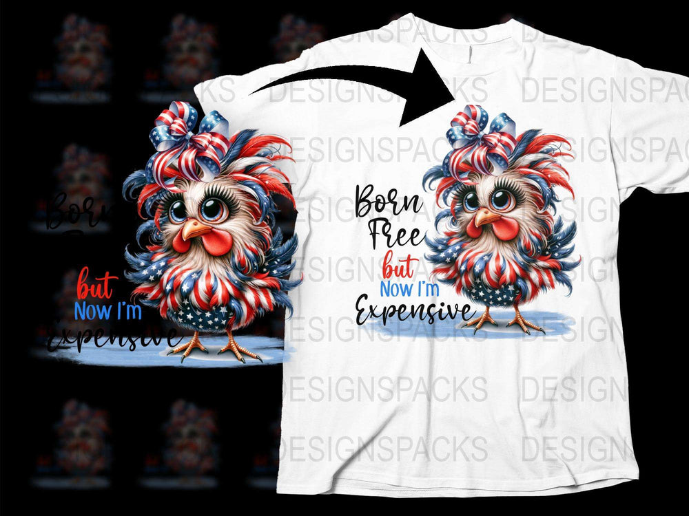Colorful Rooster Graphic T-Shirt, Born Free Now Expensive Quote, Unique Animal Art Tee, Stylish Casual Wear