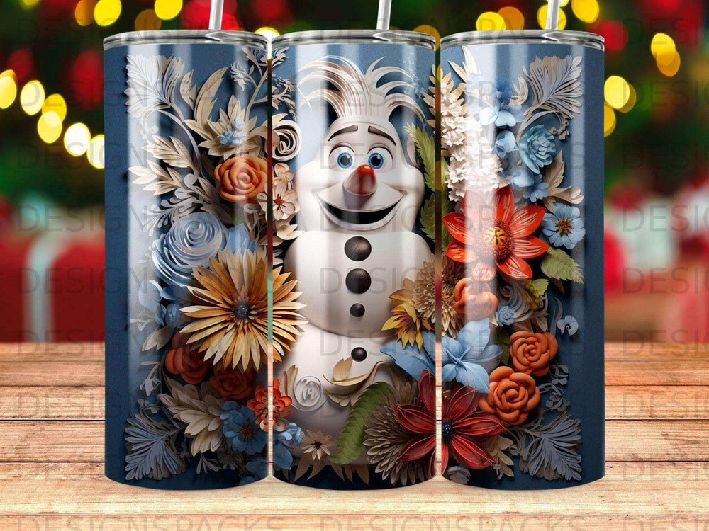 Smiling snowman surrounded by ornate blue and orange floral designs.