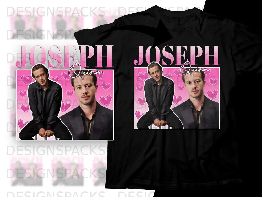 Black t-shirt featuring Joseph Quinn and pink hearts graphic.