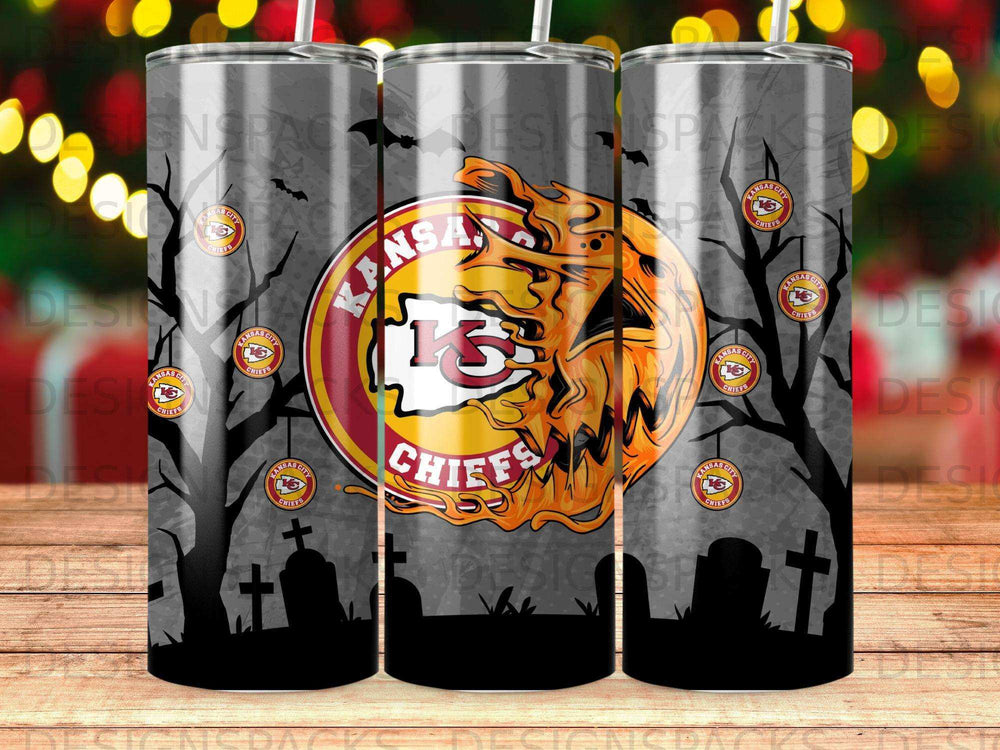 Kansas City Chiefs Halloween-themed tumbler with trees and tombstones.