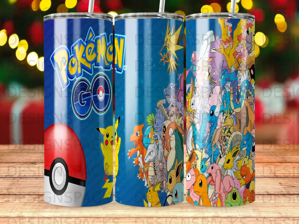 Pokémon GO logo and characters on a blue tumbler.