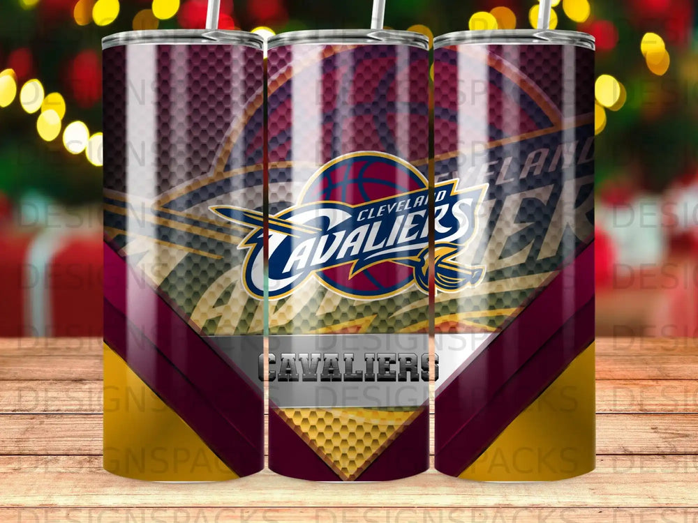 Cleveland Cavaliers logo on a maroon and gold patterned tumbler.