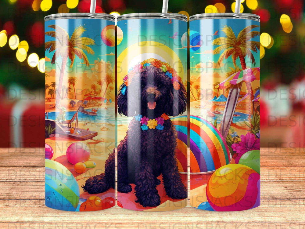 Black poodle wearing a flower lei sits on a beach with palm trees and colorful beach toys.