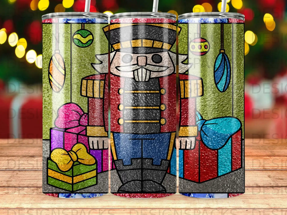 Nutcracker with gifts on a green background with festive lights.