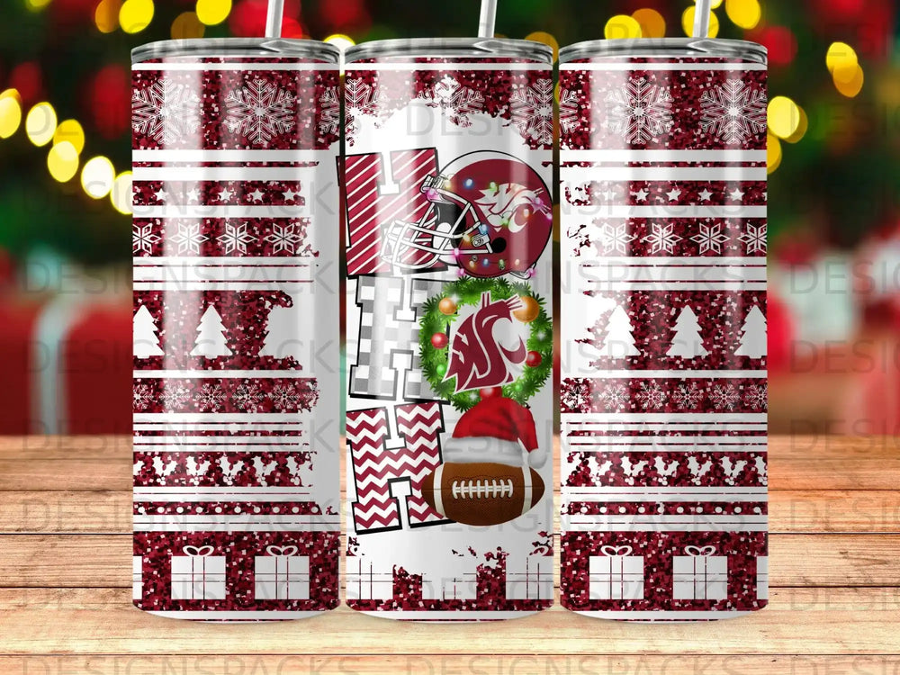 Red and white holiday tumbler with snowflakes, presents, and sports logos.