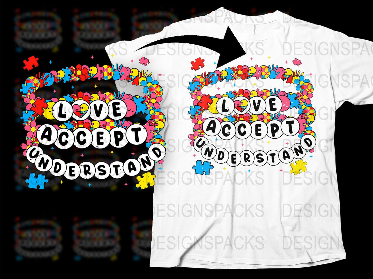 Love Accept Understand T-Shirt, Colorful Autism Awareness Tee, Multicolor Puzzle Pieces, Inclusive Unisex Apparel