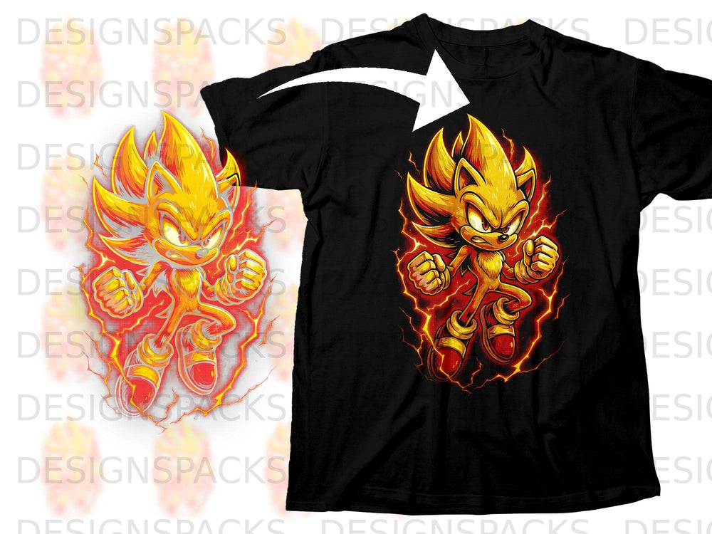 Black t-shirt featuring a golden Super Sonic character with red and yellow lightning effects.