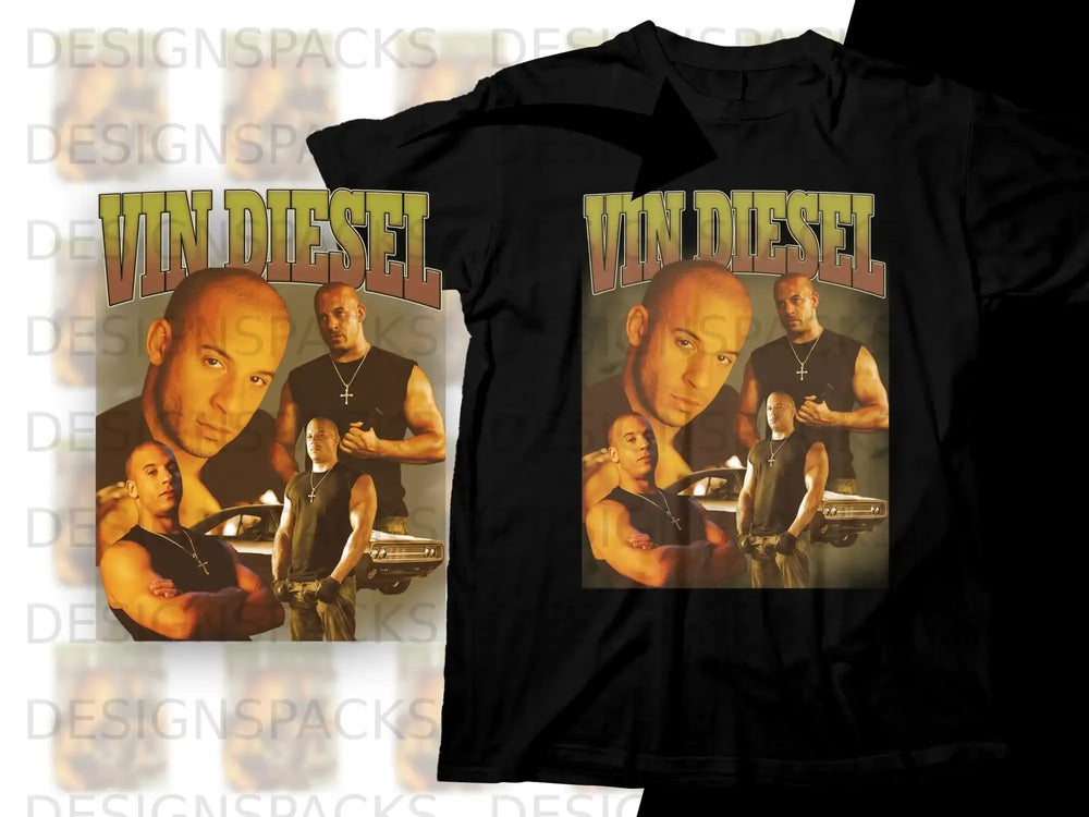 Vin Diesel in a retro graphic t-shirt, posed with a car.