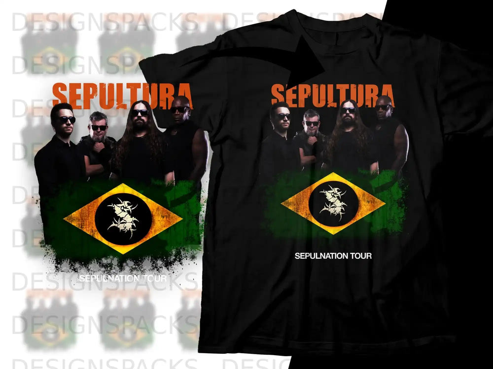 T-shirt featuring the band Sepultura with Brazilian flag graphic and "Sepultation Tour" text.