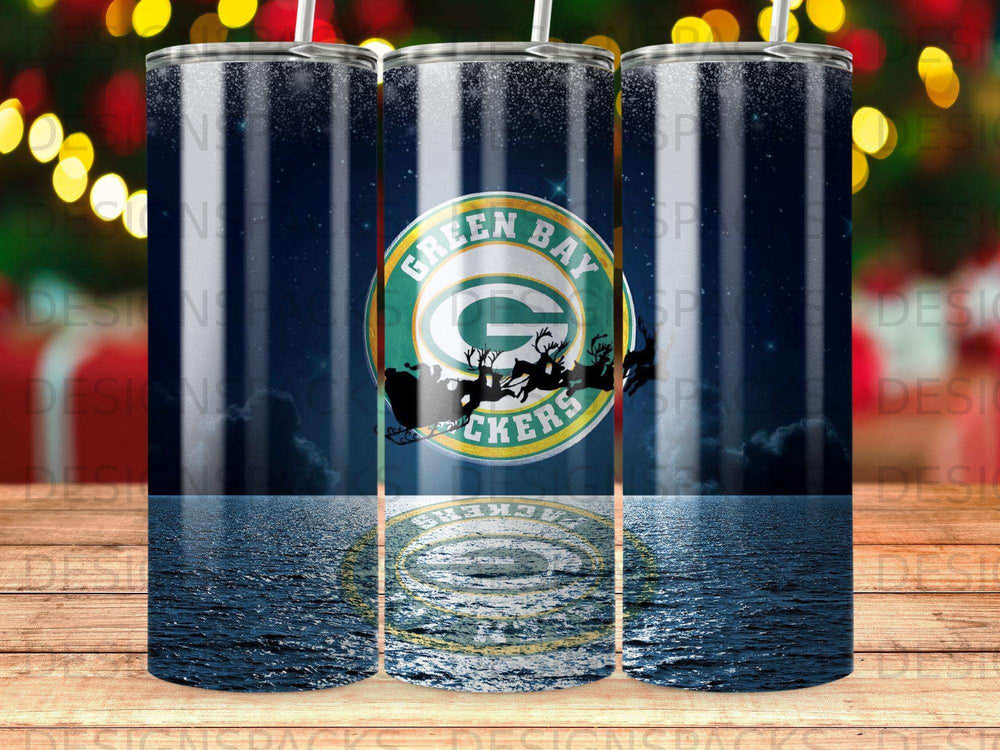 Green Bay Packers logo with Santa and reindeer on a starry background over water.
