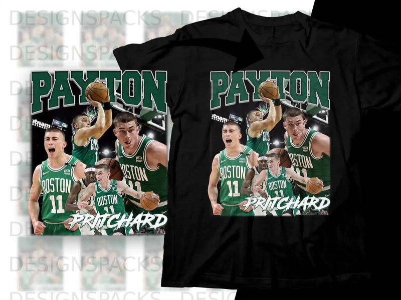 Boston Celtics player Payton Pritchard on green and black t-shirts.