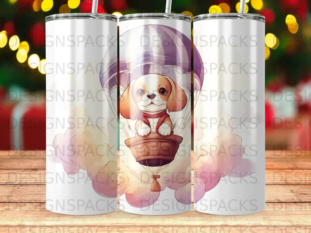 Dog in hot air balloon with clouds and colorful bokeh background.