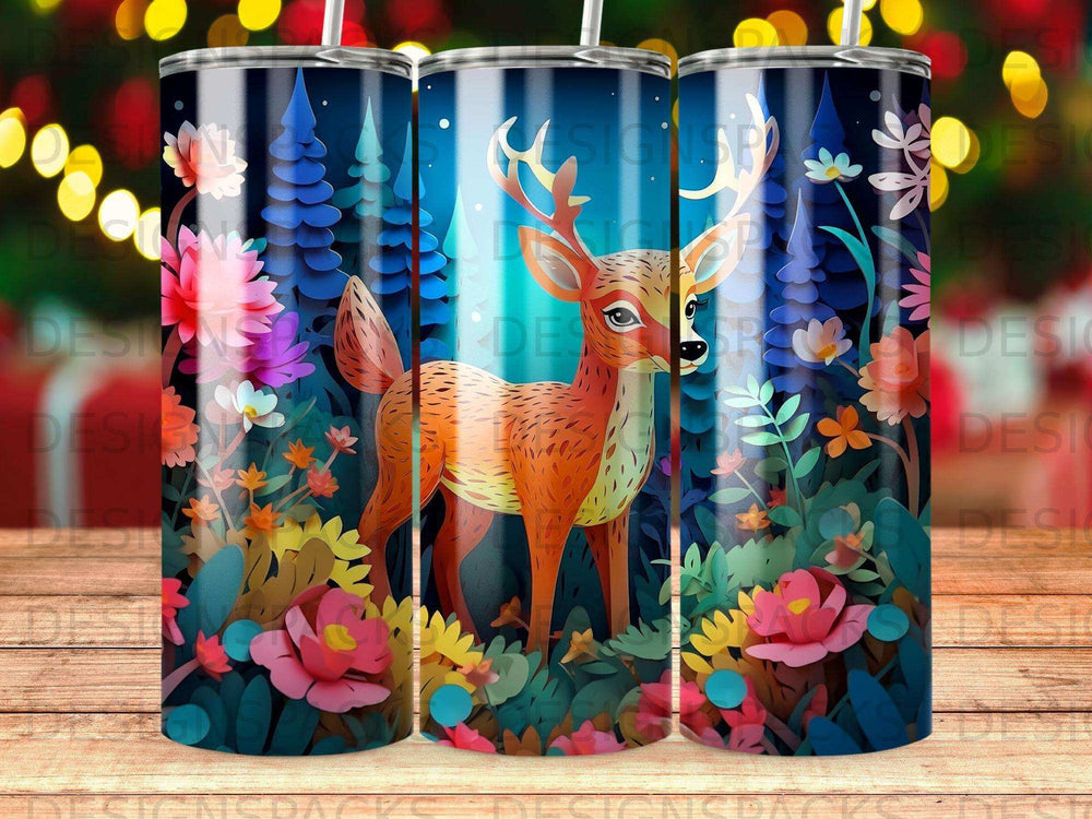Deer in a vibrant, illustrated forest with flowers and moonlit sky.