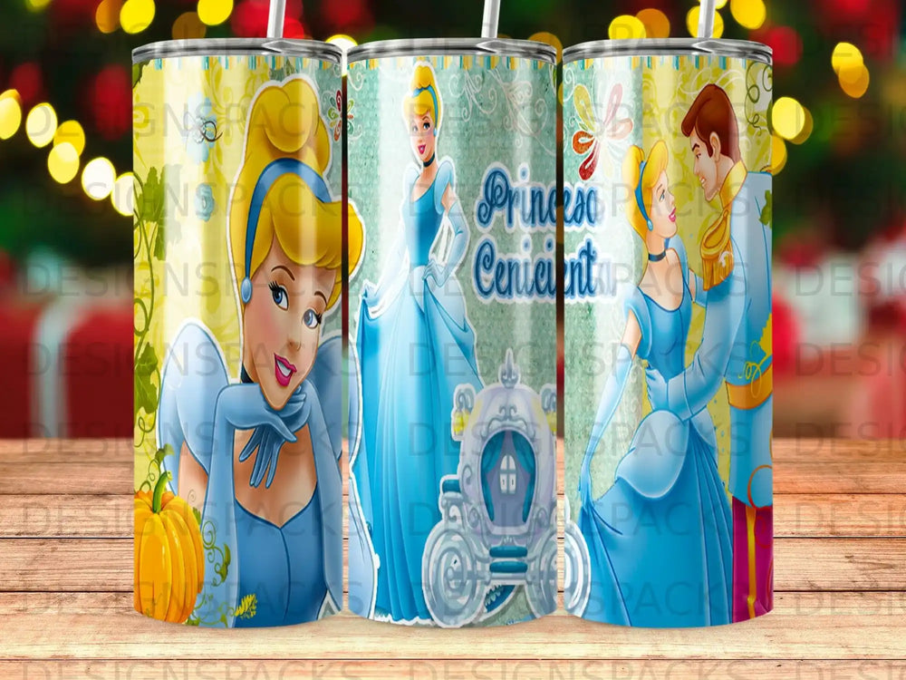Cinderella in blue dress with carriage and Prince Charming.