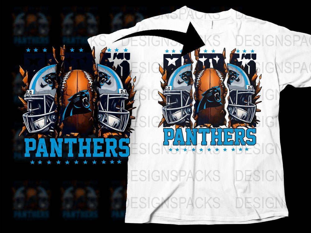 Panthers Football Team Graphic T-Shirt, Sports Fan Apparel, Blue and White Helmet Design Tee