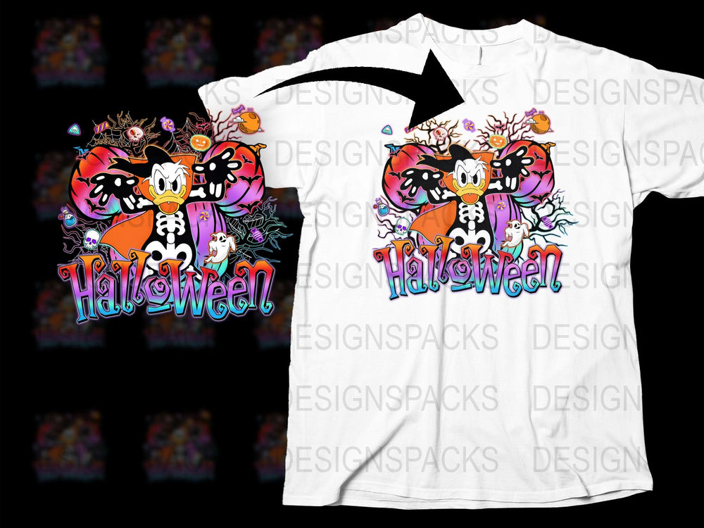 Halloween Themed T-Shirt, Colorful Cartoon Ghosts Pumpkins, Unisex Graphic Tee, Fun Autumn Wear