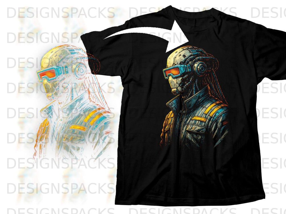 Black t-shirt featuring a detailed cyborg head with futuristic goggles.