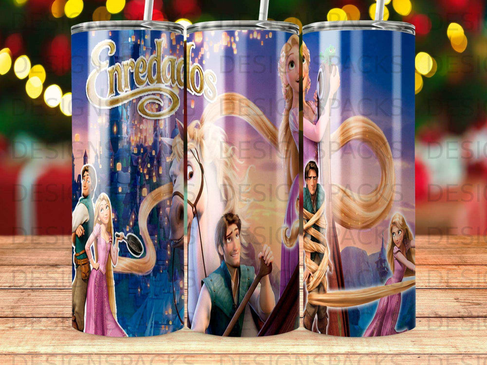 Tangled characters Rapunzel and Flynn Rider on a blue tumbler wrap with swirling patterns.