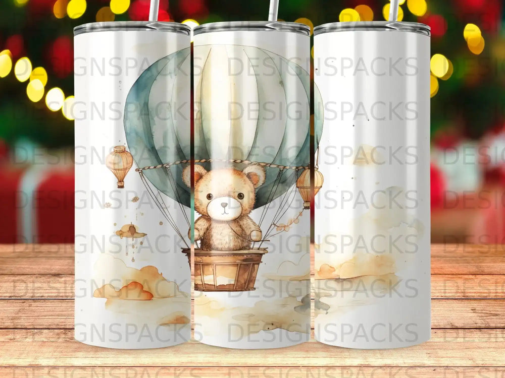 Teddy bear in hot air balloon with clouds, repeated pattern.